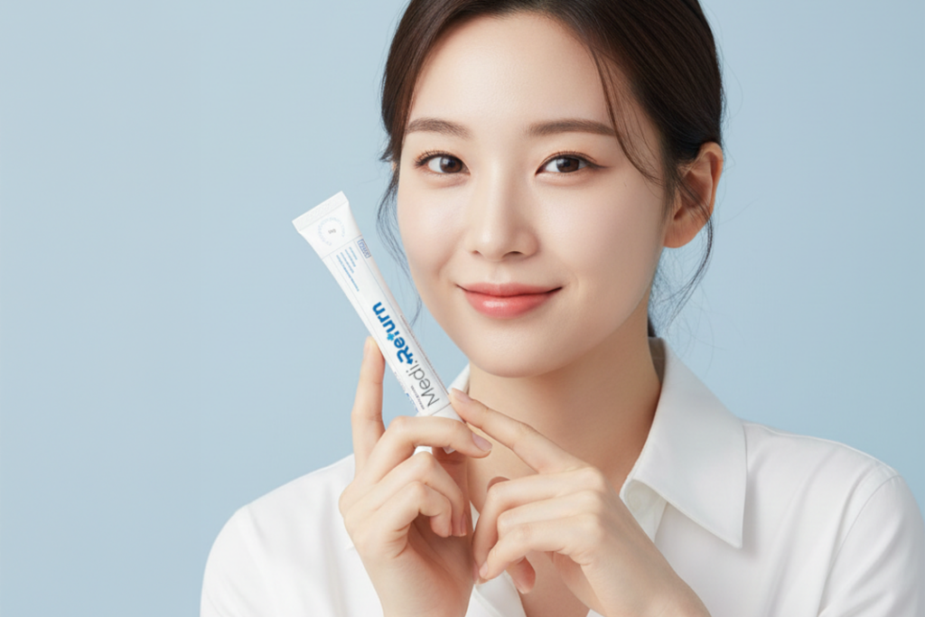 메디리턴겔 흉터연고 들고 매끄럽고 깨끗한 피부를 보여주는 브랜드 모델