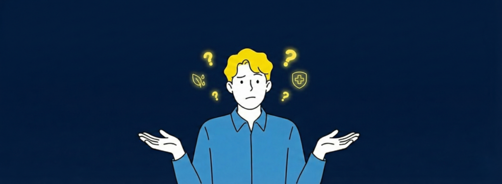 파란 셔츠를 입은 남성이 양손을 벌려 고민하는 표정을 짓고 있으며, 머리 주위에 노란색 물음표와 나뭇잎, 방패 아이콘이 떠 있는 모습