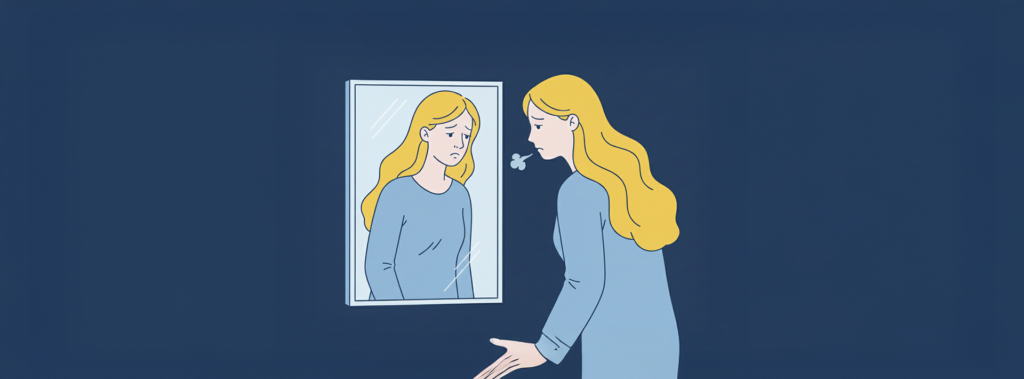 scars-stress.jpg 거울을 보며 여드름 흉터 없애는법을 고민하며 한숨 쉬는 여성의 모습