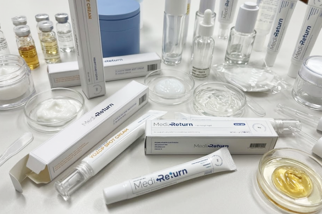 메디리턴겔 흉리무버의 투명한 실리콘 겔 제형과 요좁크림의 고농축 텍스처를 연구실에서 직접 테스트하고 비교하는 전문적인 모습