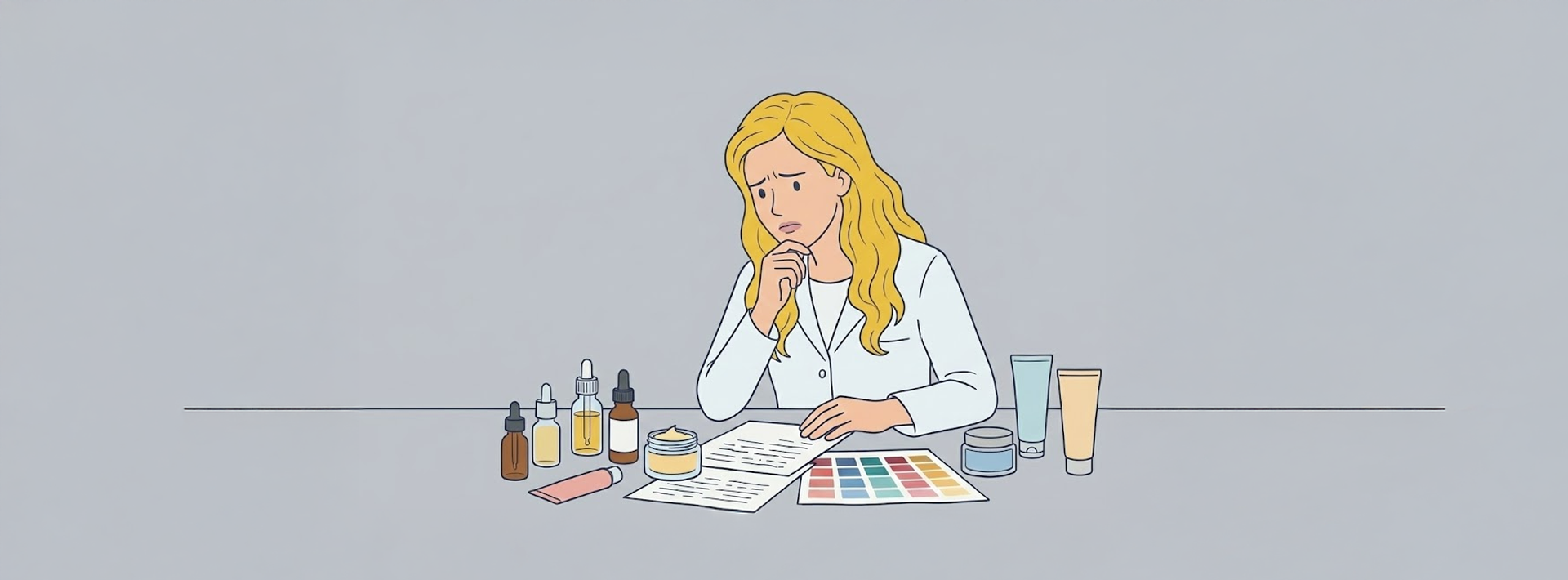 피부 고민 해결을 위해 메디리턴겔 흉리무버와 요좁크림의 성분 데이터를 꼼꼼히 분석하는 연구원의 모습을 담은 일러스트