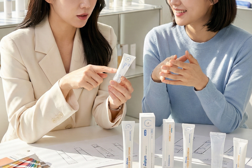 팀원들이 모여 메디리턴겔 흉리무버와 요좁크림의 패키지 디자인과 제형 개선 방향에 대해 진지하게 논의하며 제품의 완성도를 높이는 과정