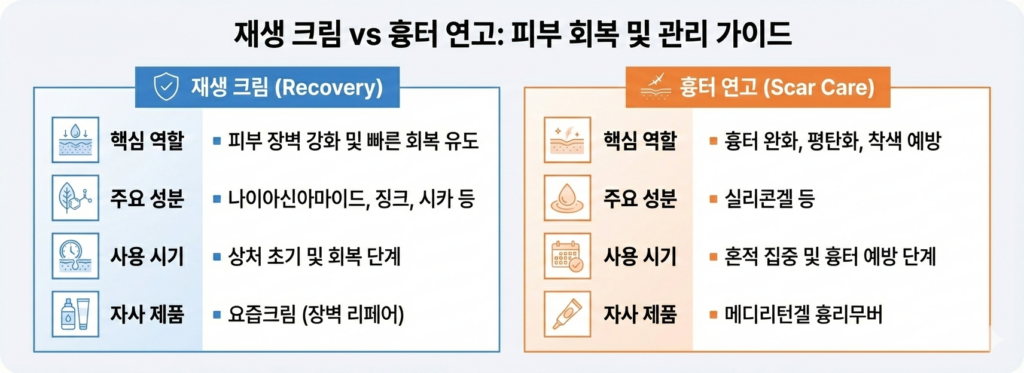 재생 크림과 흉터 연고의 핵심 역할, 주요 성분, 사용 시기, 자사 제품을 비교한 피부 회복 가이드 표