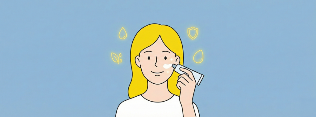 노란 머리의 여성이 얼굴에 화장 들뜸 방지를 위해 요좁크림을 바르고 있는 일러스트. 주변에는 보습, 진정, 보호를 상징하는 네온 아이콘이 떠 있다.