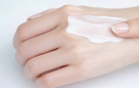 코 옆 화장 들뜸 완화 스킨케어: 요좁크림을 손등에 얇게 펴 발라 테스트하는 장면, 크림의 부드러운 텍스처와 빠른 흡수력을 강조한 이미지