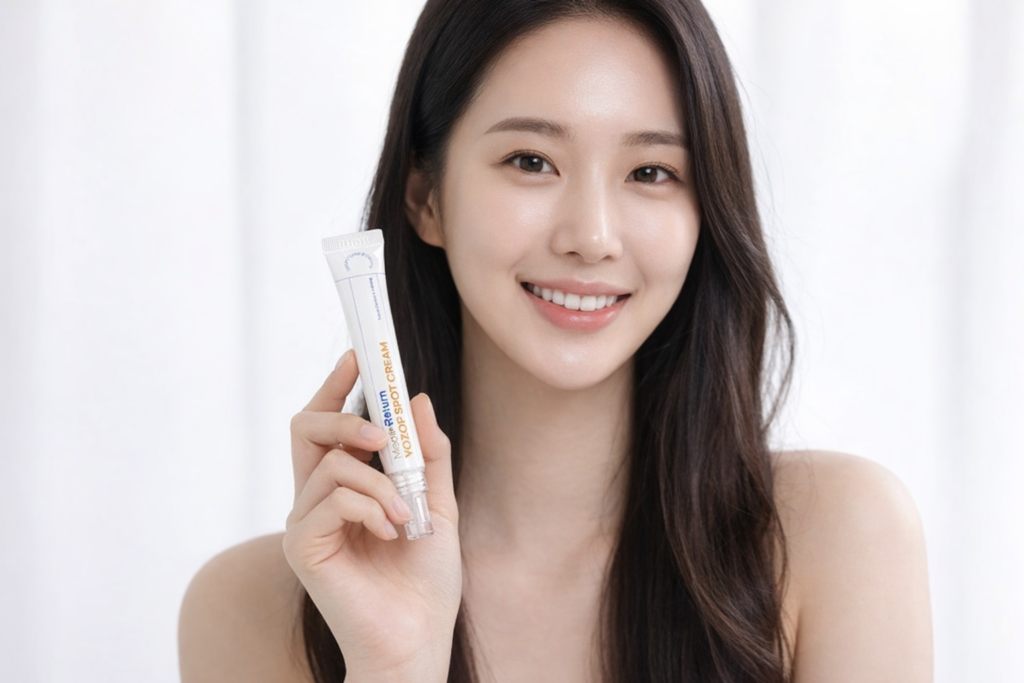 메디리턴 요좁크림 사용 추천 장면: 깨끗하고 건강한 피부를 가진 모델이 제품 튜브를 들고 자신감 있게 미소 짓는 클로즈업, 트러블 케어·보습·코 옆 화장 들뜸 완화 스킨케어 솔루션