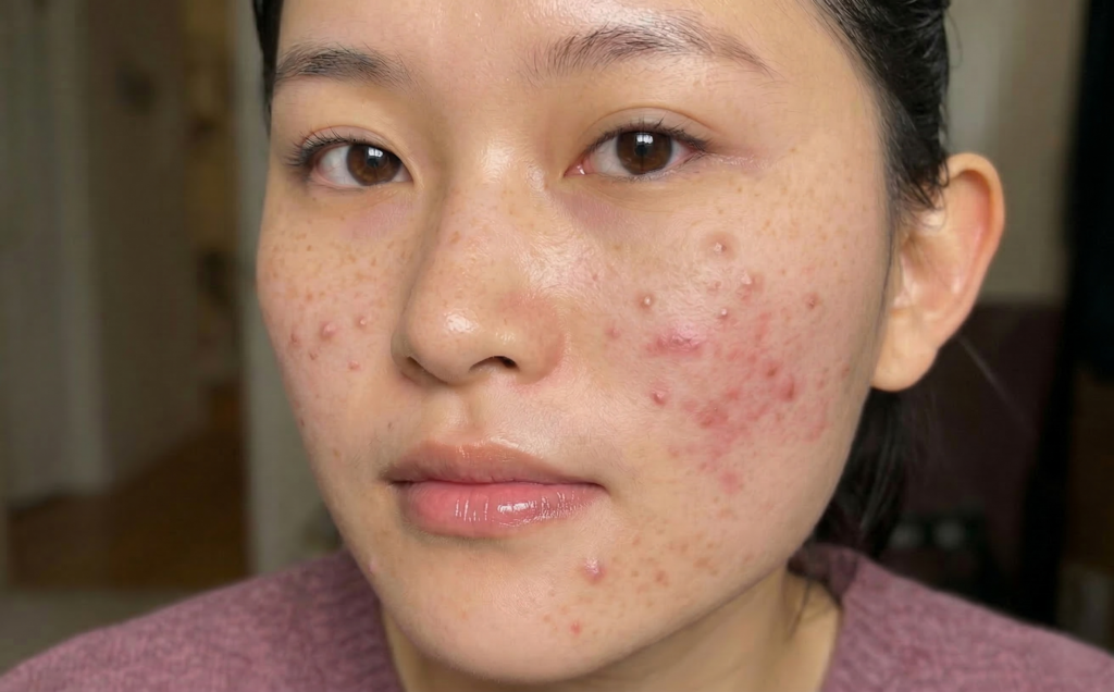 성인 여드름 관리로 고민중인 여성 볼과 이마에 붉은 화농성 여드름이 올라온 여드름피부 근접 촬영
