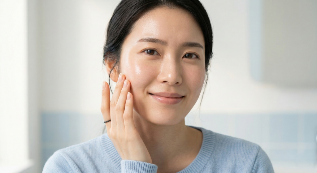 동양인 여성이 손으로 볼을 가볍게 감싸며 건강하고 촉촉한 피부를 보여주는 모습. 깔끔한 블루 화이트 배경.