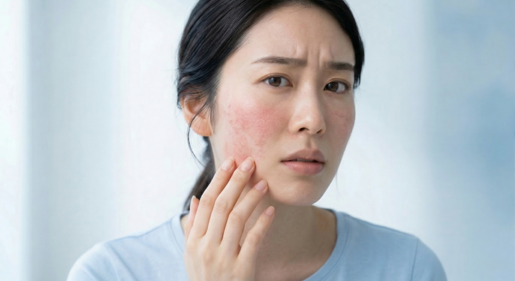 동양인 여성이 붉어진 볼을 손으로 만지며 피부 트러블을 걱정하는 표정을 짓는 모습.