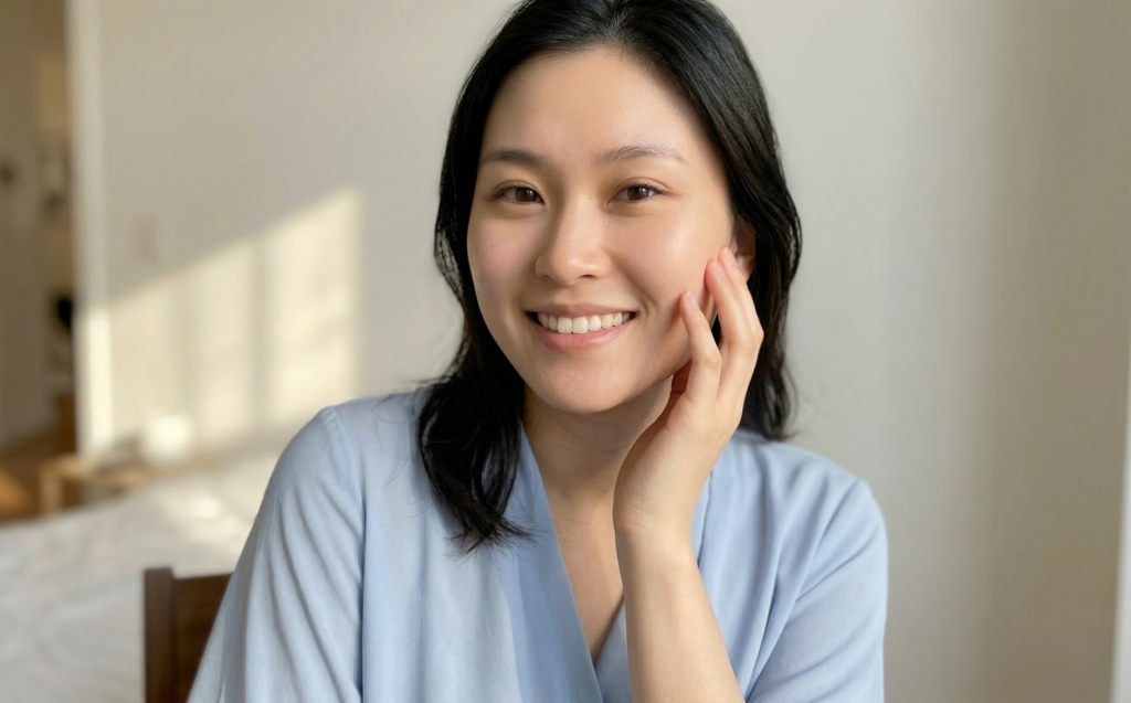 성인 여드름 관리 후 맑아진 피부로 환하게 웃고 있는 동양 여성