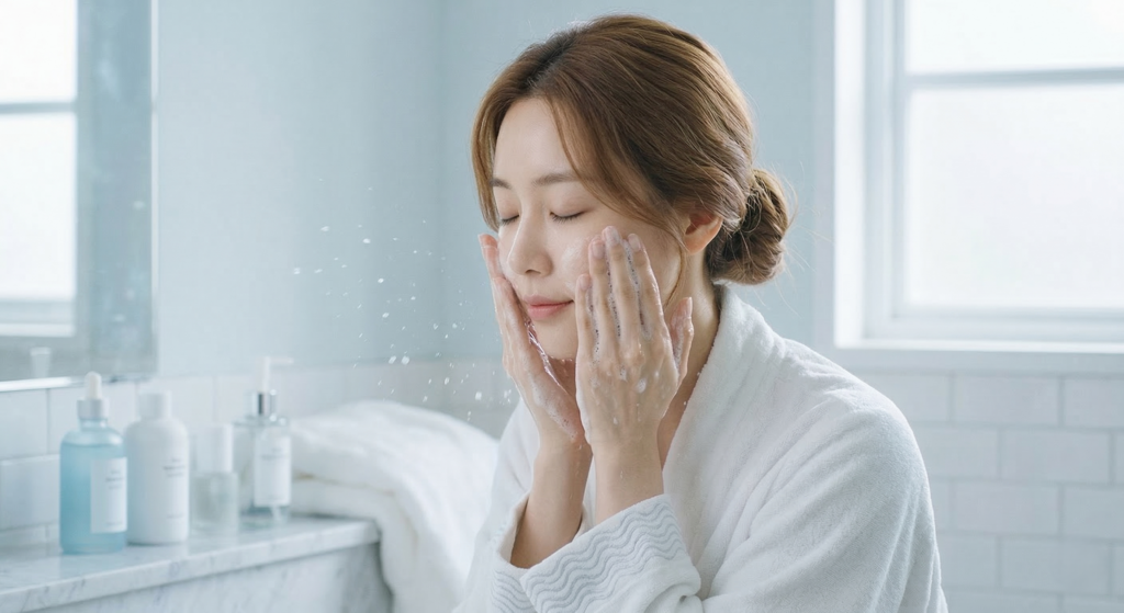 환절기 피부 뒤집어짐을 예방하는 동양인 여성이 흰 욕실에서 미지근한 물로 부드럽게 세안하는 모습