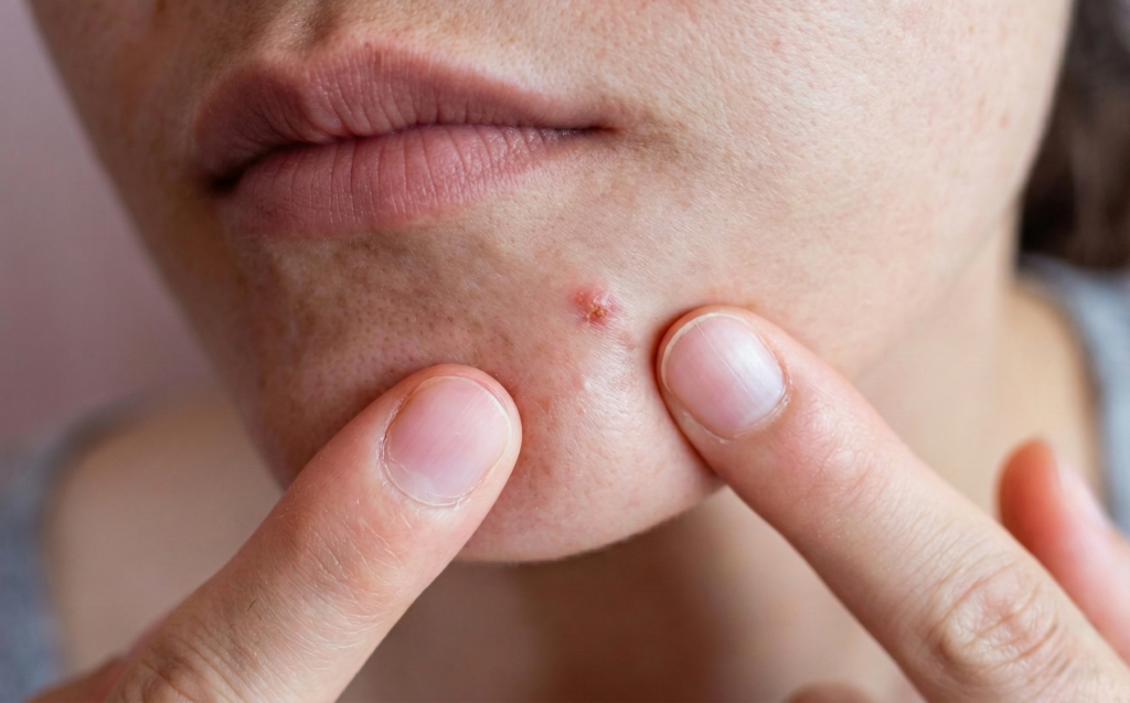 양손 가락으로 턱에 생긴 붉고 염증이 있는 농포성 여드름을 짜려는 듯한 모습