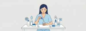 동양인 여성이 책상 앞에 앉아 드로퍼로 레티놀 판테놀 화장품 성분 배합 일러스트 주변에 스킨케어 제품과 성분 아이콘이 배치되어 있음.