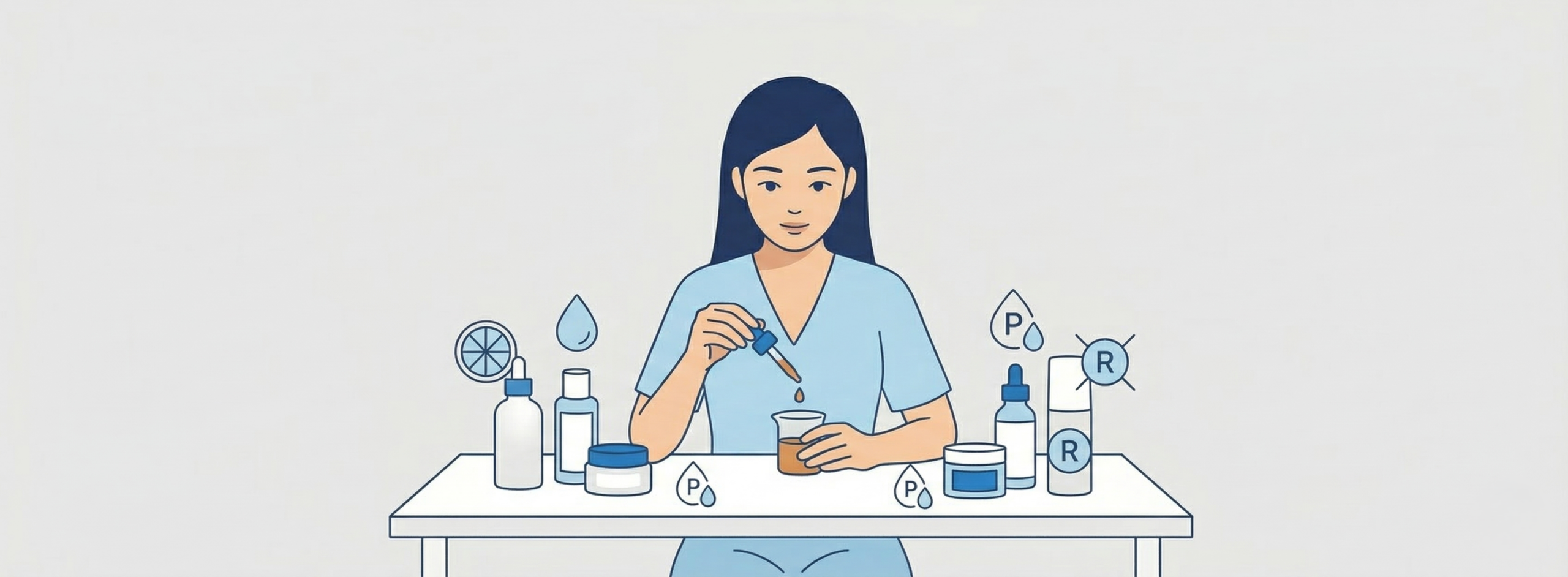 동양인 여성이 책상 앞에 앉아 드로퍼로 레티놀 판테놀 화장품 성분 배합 일러스트 주변에 스킨케어 제품과 성분 아이콘이 배치되어 있음.