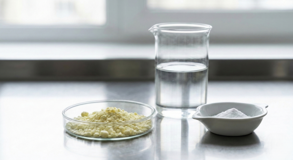 실험실 창가에 놓인 화학 실험 도구: 페트리 접시에 담긴 노란색 결정체, 흰색 분말등 여드름케어성분이 담긴 작은 용기, 물이 담긴 유리 비커