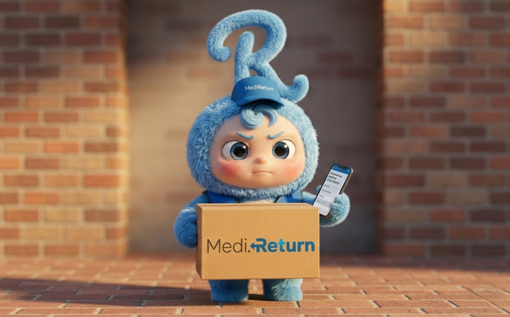 메디리턴 박스를 들고 스마트폰을 확인하는 파란색 캐릭터 윤리턴