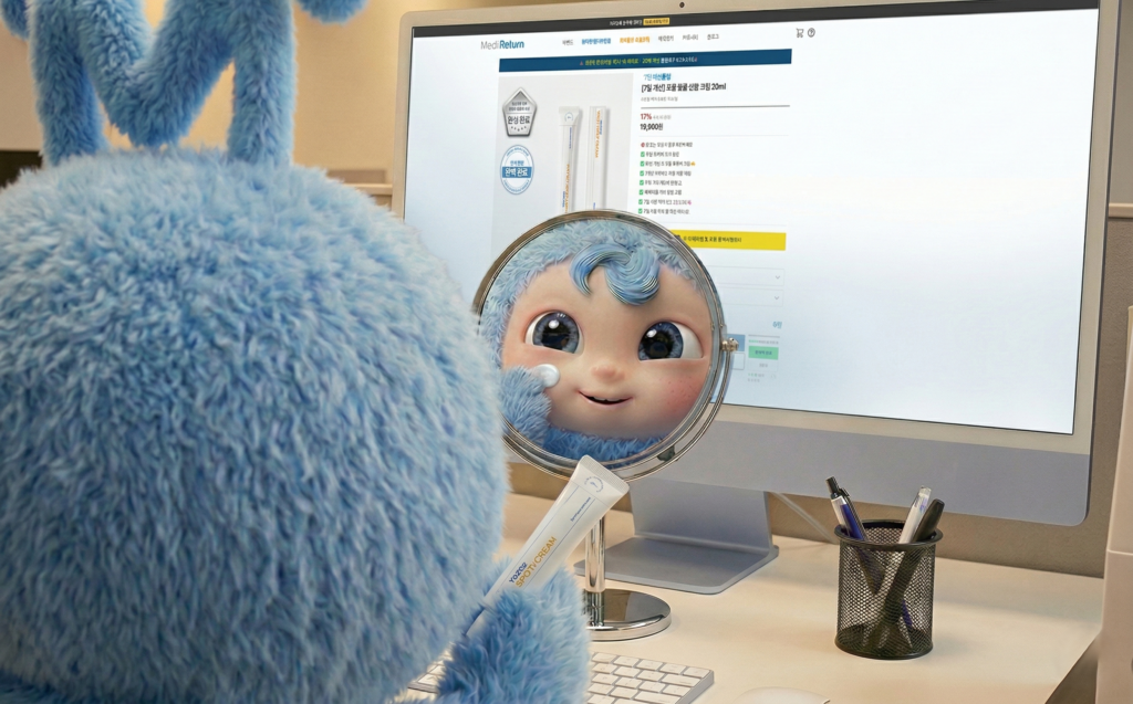 사무실 책상 앞 손거울을 보며 요좁스팟 크림을 바르는 윤리턴