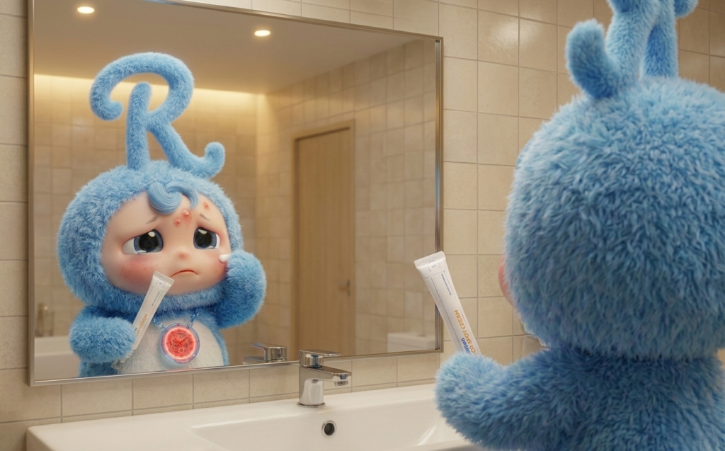 욕실 거울 앞에서 트러블 난 피부에 크림을 바르는 윤리턴