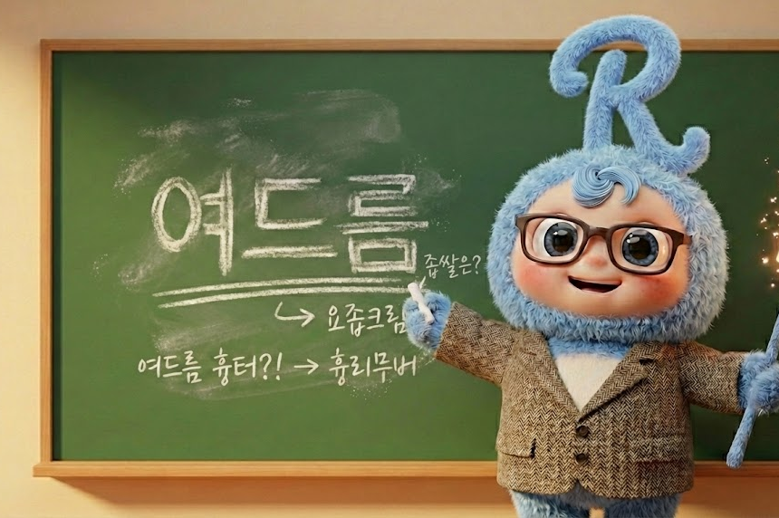안경을 쓰고 칠판 앞에서 여드름과 흉터 케어 방법을 설명하는 일타강사 윤리턴