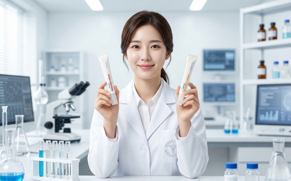 흰 가운을 입은 젊은 여성 연구원이 밝은 실험실 안에서 양손에 메디리턴 크림 두 개를 들고 환하게 미소 짓고 있는 모습. 배경에 실험 기구와 모니터가 보이는 전문적인 연구 환경.