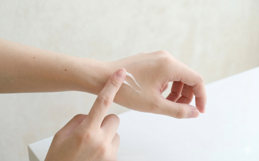 손목에 농낭크림 제형을 바르는 모습, 부드러운 크림 텍스처 확인