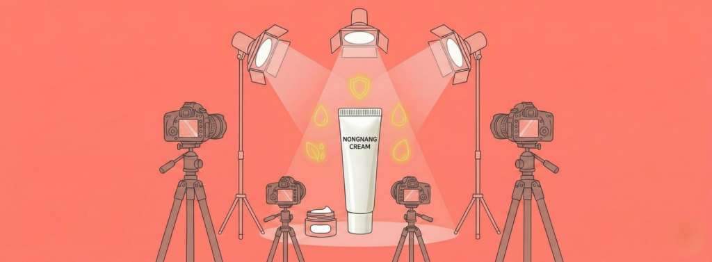 연한 핑크색 배경 중앙에 'NONGNANG CREAM'이라고 영문으로 적힌 메디리턴 농낭크림 튜브가 스포트라이트를 받으며 서 있습니다.