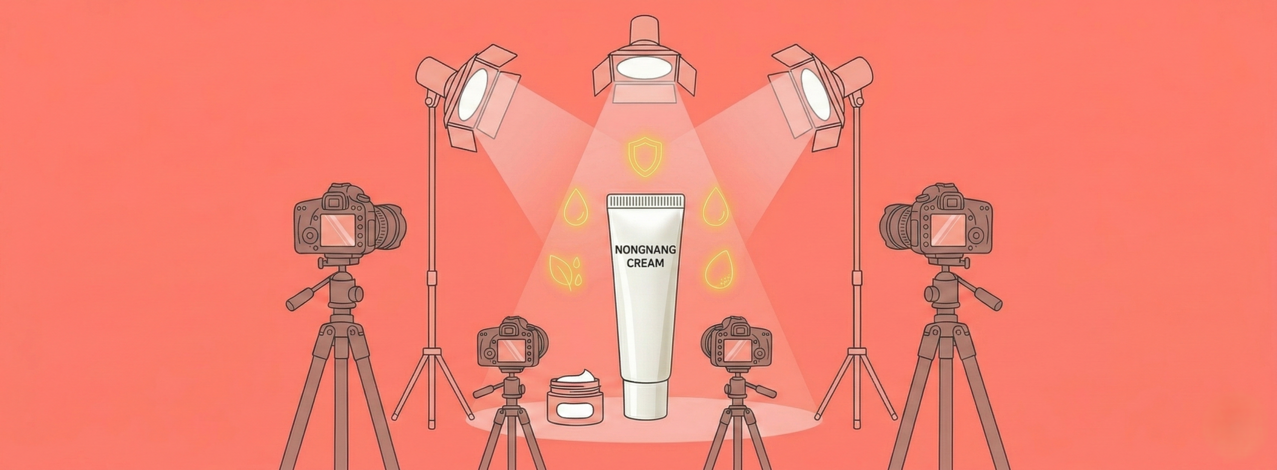 연한 핑크색 배경 중앙에 'NONGNANG CREAM'이라고 영문으로 적힌 메디리턴 농낭크림 튜브가 스포트라이트를 받으며 서 있습니다.