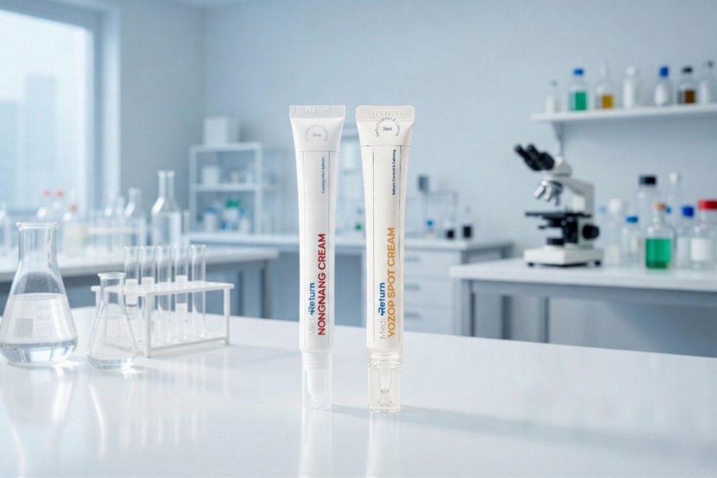 현대적인 실험실 책상 위에 놓인 두 개의 메디리턴 크림. 왼쪽 튜브는 농낭크림, 오른쪽 튜브는 요좁크림, 주변에 유리 비커와 현미경, 다양한 실험 도구가 배치된 과학적인 분위기.
