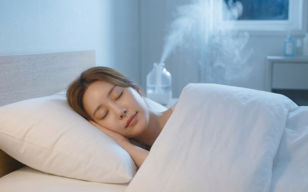 동양인 여성이 가습기 켜진 침실에서 편안하게 숙면하며 피부를 재생하는 모습