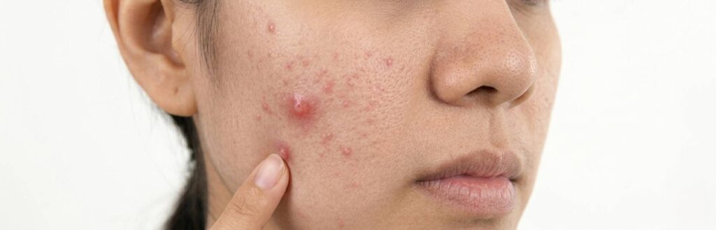 볼과 턱 라인에 여드름이 집중된 성인 여성 피부 측면 사진