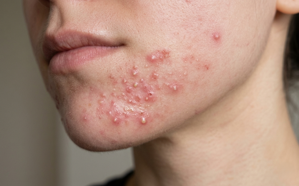 여드름성 피부 홈케어 전 턱선과 볼에 농낭 트러블이 올라온 피부 상태