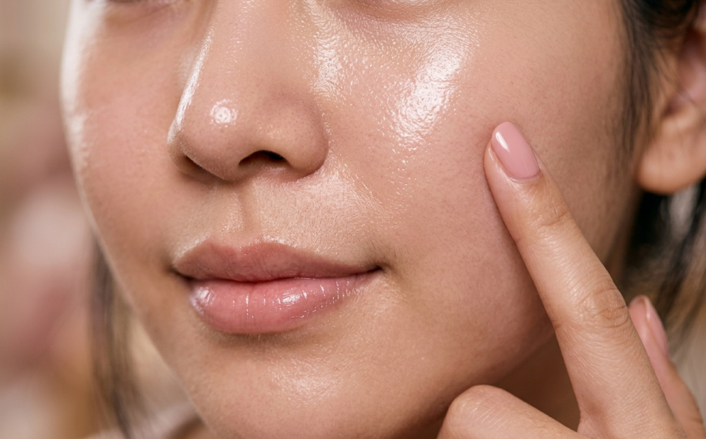 꿀피부 만들기 성공한 여성의 촉촉하고 맑은 피부결 클로즈업