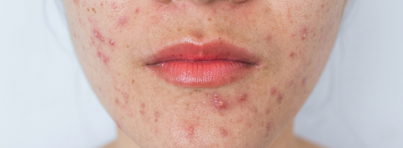 생리 턱 여드름과 입 주변에 호르몬 여드름 염증성 트러블이 집중된 성인 여드름 클로즈업 사진