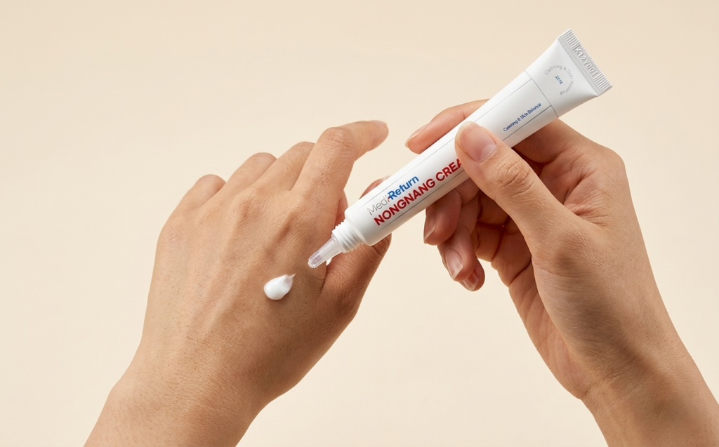 피부 스킨케어 순서 마지막 단계에 사용하는 메디리턴 농낭 크림 제품 텍스처