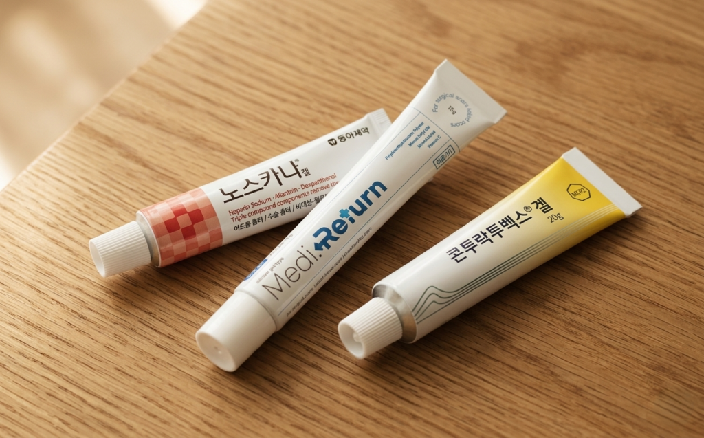 약국 흉터 연고 비교 노스카나겔 메디리턴겔 콘투락투벡스 성분 차이