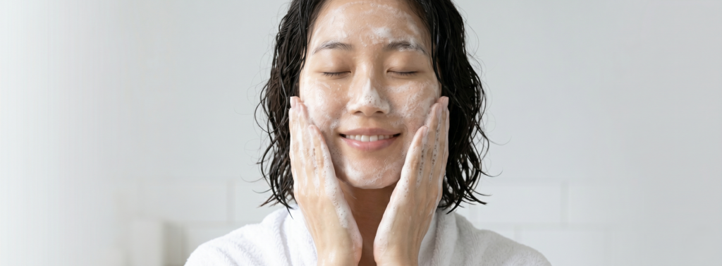 약산성 약알칼리성 폼클렌징으로 얼굴을 부드럽게 세안하는 여성