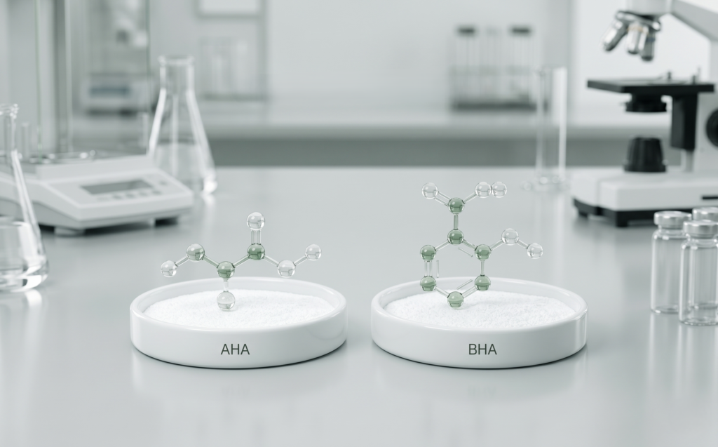 실험실 페트리 접시 위 AHA BHA 성분 분자 구조 모델 — AHA BHA 차이점과 각질 케어 원리를 보여주는 성분 비교 이미지