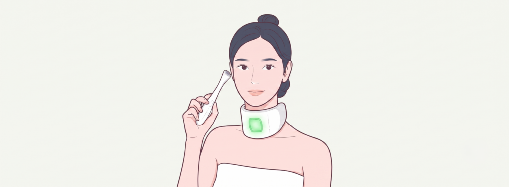 메디리턴 디바이스 아이디바이스 넥케어 동시 사용 일러스트 — 탄력 디바이스 눈가 목 케어